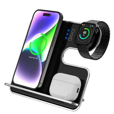 Produktbild von Ladestation,3 in 1 Wireless Charger, tragbar und abnehmbar, für iPhone, Apple Watch und AirPods, Schnellladung, Schwarz