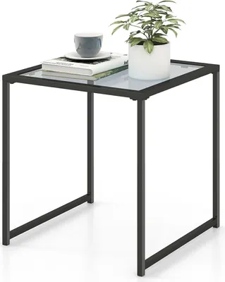 Produktbild von KOMFOTTEU Beistelltisch für den Außenbereich, mit Platte aus Hartglas, Couchtisch, Metallrahmen, Belastung 30 kg, 43 x 43 x 45 cm, Schwarz