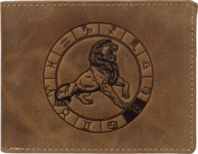 Produktbild von Greenburry Geldbörse Herren Leder braun antik Vintage mit Sternzeichen Motiv LÖWE Prägung Portemonnaie 12,5 x 9,5cm