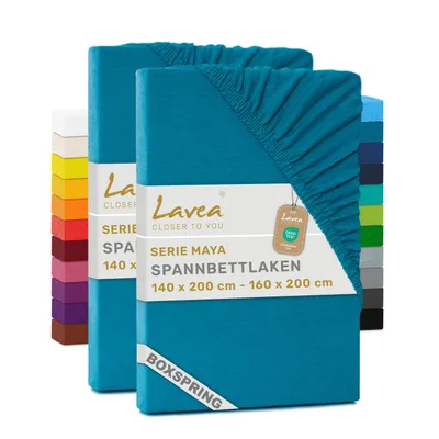 Produktbild von Lavea® 2er Pack Spannbettlaken 140/160x200 cm, Jersey Bettlaken 100% Baumwolle – Boxspringbetten, Wasserbetten, Matratzen bis 35 cm – Aquamarin