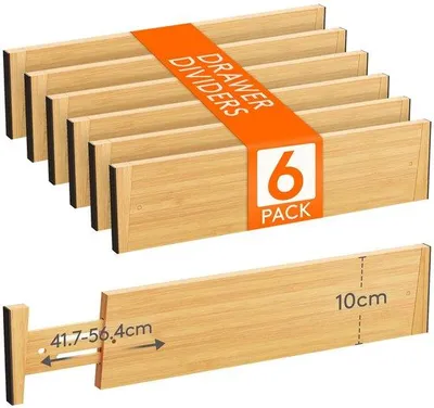 Obrázok produktu pre Sada bambusových priehradiek do zásuviek, výška 10 cm, nastaviteľná dĺžka 41–56 cm, do kuchyne/kancelárie/šatníka, organizér na kozmetiku