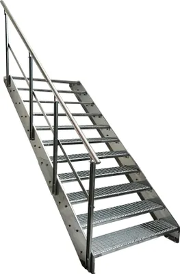 A metal staircase with a handrail, shown against a white background.
