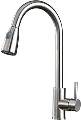 A close-up studio shot of a modern kitchen faucet.