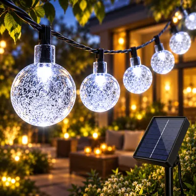 Productafbeelding van 5M Zonne-energie lichtslinger voor buiten, LED-lampen, geschikt voor binnen- en buitengebruik, kerstverlichting, decoratie voor tuin en terras, wit
