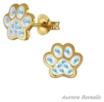 Produktbild von Ohrringe Silber 925 Ohrstecker „Pfote / Pfötchen“ gold Aurora Borealis