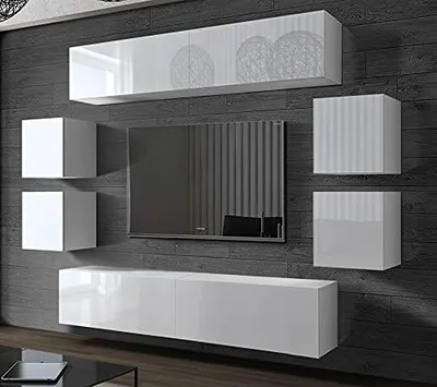Image de Furnitech Meuble-paroi Salon - Meubles de salon avec LED Blanc - Meuble-paroi Suspendu Moderne - Étagères et meuble TV (Future C42/HG/W/2 1B)