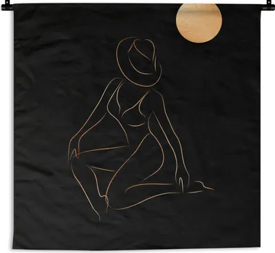 Produktbild von MuchoWow® Wandteppich Wandbehang Frau - Mond - Gold - Schwarz 150x150 cm Tapisserie Dekoration Wandtuch - Wohnaccessoires - Modernes