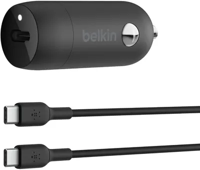 A black car charger and two USB-C cables against a white background.