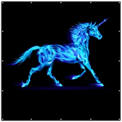 Produktbild von Wallario XXL Outdoor-Poster für Garten oder Balkon, Motiv Design Einhorn - aus blauen Flammen, in ca. 200 x 200 cm