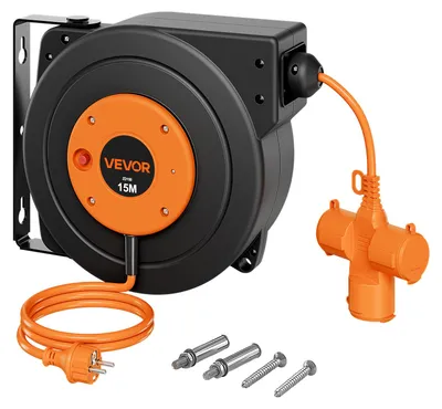 Produktbild von VEVOR Kabeltrommel 15 m 3000 W Automatischer Kabelaufroller 16 AWG/3-adrig, zur Decken-/Wandmontage, 3 Steckdosen, 56 °C Überhitzungsschutz, Beleuchtete Dreifachsteckdose, mit 180°-Schwenkhalterung