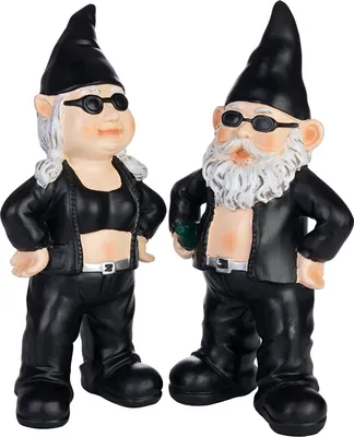 Zdjęcie produktu dla BRUBAKER Zestaw gnomów ogrodowych Biker Man i Woman Black - Rocker Gnomes z okularami przeciwsłonecznymi - Zabawna figurka ogrodowa - Dekoracja odporna na warunki atmosferyczne do ogrodu na kemping - Dekoracja ogrodowa na zewnątrz