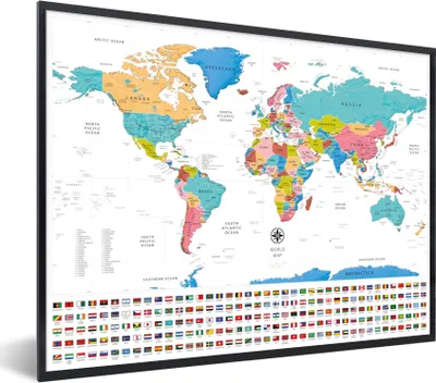 Produktbild von MuchoWow® MuchoWow® Gerahmtes Poster Weltkarte - Farben - Flagge 80x60 cm - Poster mit zchwarzem Bilderrahmen - Schwarzem - Mit Gestell