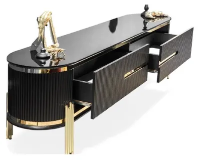 Produktbild von Modernes Lowboard Luxus RTV TV-Ständer Wohnzimmermöbel Schwarz Gold
