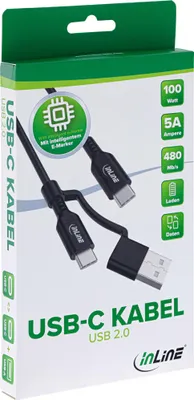 Produktbild von InLine 2-in-1 USB-C Kabel + USB-A Adapter, USB 2.0, 100W, TPE, schwarz, 1m, 1 m, USB C, USB C, USB 2.0, 0,48 Gbit/s, Schwarz