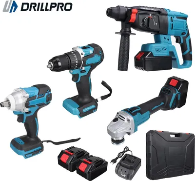 Produktbild von Drillpro 4-teiliges Akku-Werkzeugset bürstenlos, ink Schraubenschlüssel, Winkelschleifer, Bohrhammer, Schrauber, 2 Akkus & Ladegerät, Blau