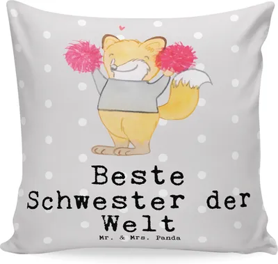 Produktbild von Mr. & Mrs. Panda 40x40 kissen Fuchs Beste Schwester der Welt - Grau Pastell - Geschenk, Sofa, kuschelkissen, Geschenkidee, Tochter, Familie, Deko, Dekokissen, Geschwister