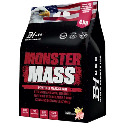 Produktbild von Monster Mass 4000g Banane Erdbeere | Weight Gainer mit 80g Protein, 78g Carbs, Kreatin, HMB & Enzymen für Muskelaufbau Eiweißpulver – Black Hammer USA