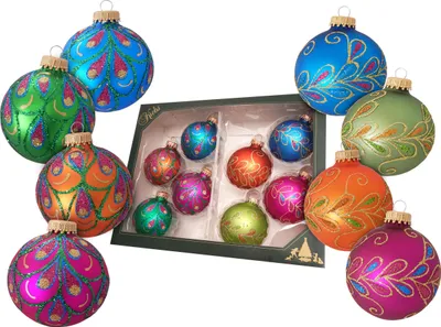 Produktbild von Krebs Glas Lauscha Weihnachtsbaumkugeln 8er Set - Bunt mit Glitzerreben - aus Glas - Ø ca. 7 cm