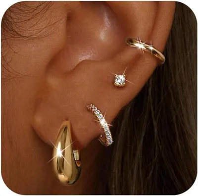 Zdjęcie produktu dla Zestaw kolczyków Ladies Silver Gold Hoop Earrings Studs 14K Gold Plated Piercing Tragus Helix Conch 4 Pair