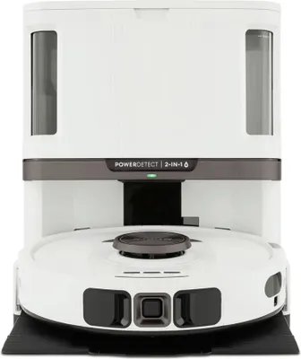 A white robot vacuum cleaner with a charging station is shown against a white background.