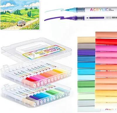 Productafbeelding van Acrylstiftenset, 24 kleuren, met penseelopzetstuk, transparante opbergbox, voor creatief schilderen