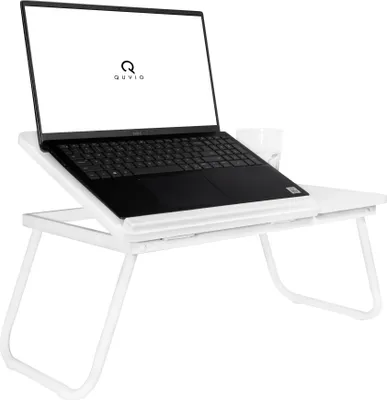 A white laptop table with a laptop and a glass on it, set against a white background.