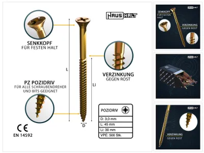 Zdjęcie produktu dla HausHalt uniwersalny wkręt budowlany do drewna 3,0 x 45 mm PZ1 500 szt. ( 000051371129 ) ocynkowany na żółto wgłębienie krzyżowe łeb stożkowy Pozidriv gwint częściowy