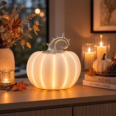 Produktbild von Edler LED Porzellan Kürbis Weiß Silber Klein Herbstdeko Warmweißes Licht 6H Timer Stilvolle Herbstdekoration im Herbst