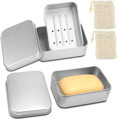 Produktbild von 2-teiliges wasserdichtes Seifenbehälter aus Aluminium mit Abflusssieb und Sisal-Seifensack