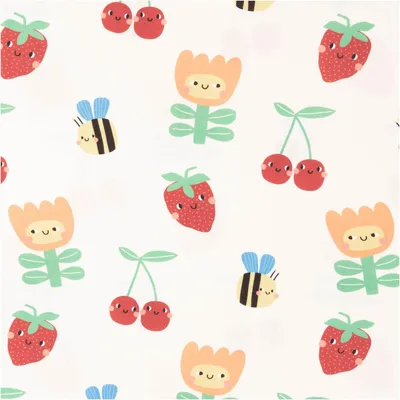 Produktbild von Baumwollstoff Meterware Popeline Stoff Früchte Blumen Bienen wollweiß bunt 145cm