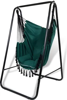 A green hammock chair with a black metal stand and cushions.