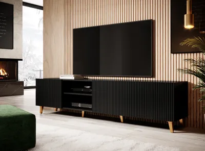 Obrázok produktu pre TV skrinka PAFOS 200 cm BLACK MATT zlaté nohy s frézovanými čelami TV stolík TV stolík príborník komoda Hi-Fi stolík