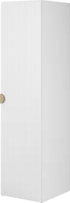 A white, one-door wardrobe with a gold knob, shown from a three-quarter side view.