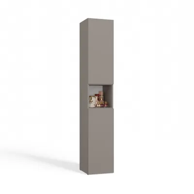 Image de Armoire de salle de bain : deux portes, quatre étagères, de couleur terre, avec panier à linge