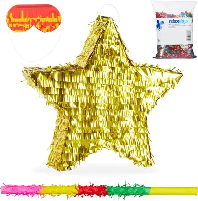 Produktbild von 4 tlg. Pinata Set Stern, XXL Konfetti Sack, Pinatastab mit Augenmaske, Piñata gold, Stock & Augenbinde, Papier, bunt