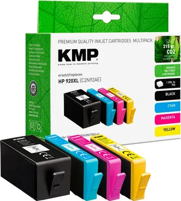 A multipack of KMP inkjet cartridges for HP printers, shown in their packaging and also individually.