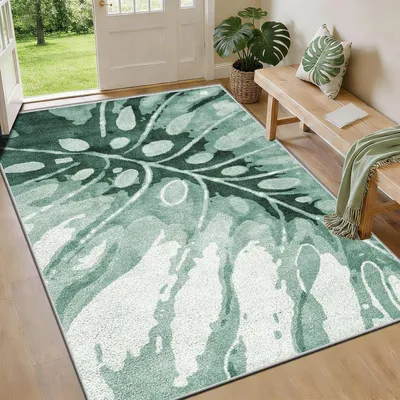 Productafbeelding van Kortpolig tapijt, groen, bladmotief, wasbaar, antislip, 120x170 cm