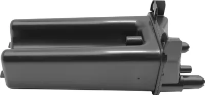 A black coffee spout for a coffee machine, shown from the side.