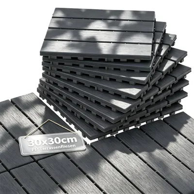 Productafbeelding van ACXIN kunststof kliktegels, 30x30 cm, patroon 1, antraciet, PE-houtlook, vlamvertragend, scheurbestendig, hoge draagkracht, 33 stuks voor een oppervlakte van 3 m²
