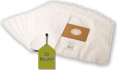 A stack of white vacuum cleaner bags with a green tag indicating quantity.