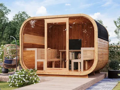 Produktbild von Fjordholz Fass-Sauna Modell Luxe-3 Premium