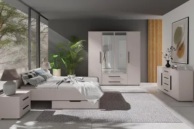 Produktbild von Schlafzimmer-Set mit 160x200 cm Bett & Kleiderschrank, kaschmir mit schwarzen Griffen, modern, 7-teilig - MOLLERUSA-132