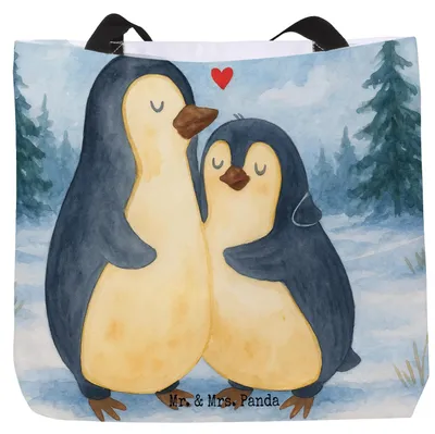 Produktbild von Mr. & Mrs. Panda Reisetasche Pinguin umarmen Design - Weiß - Geschenk, Verknallt, Tote Bag, Liebe, Einkaufstasche, Tasche, Hochzeitstag, Hochzeit, Beutel, Schultasche