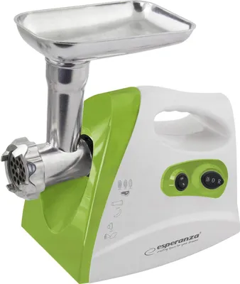 A white and green meat grinder is shown against a white background.