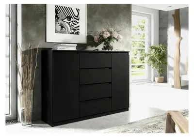 Produktbild von Schwarze Kommode mit 4 Schubladen und 2 Türen, Sideboard für Wohnzimmer und Schlafzimmer, H: 101,5 cm, B: 120,4 cm, T: 39 cm