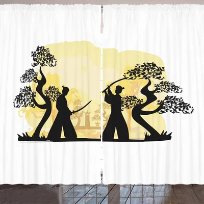 Produktbild von ARANDE Samurai Gardine, Zahlen von japanischen Kultur asiatischen Silhouetten orientalische Illustration, 280 x 225 cm, Schwarz und Blassgelb