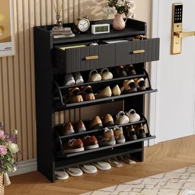 Image de Armoire à chaussures avec portes rabattables et 2 tiroirs, meuble de rangement pour chaussures étroit, dimensions 75x24x108,5 cm, idéal pour l'entrée, couleur noire