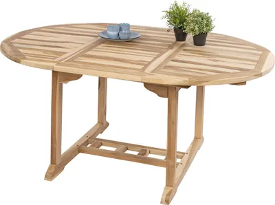 Produktbild von Gartentisch Borneo, Teakholz massiv, runder/ovaler Ausziehtisch 120-170 x 120 cm, Schirmloch & Einlegeplatte, Holztisch für Garten, Wintergarten oder Terrasse, pflegeleichtes Unikat Massivholz