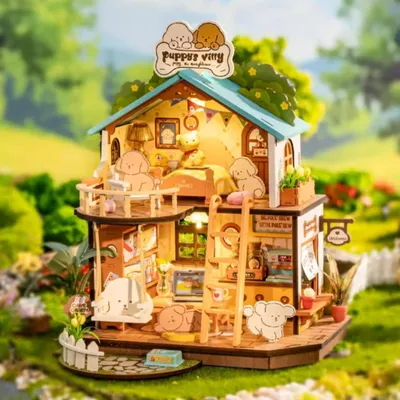 Image de DIY Puzzle miniature en bois Villa des chiots, 230 pièces, kit de construction de modèle de maison de vacances, décoration de la maison, kit de bricolage pour enfants & famille, puzzles 3D pour enfants