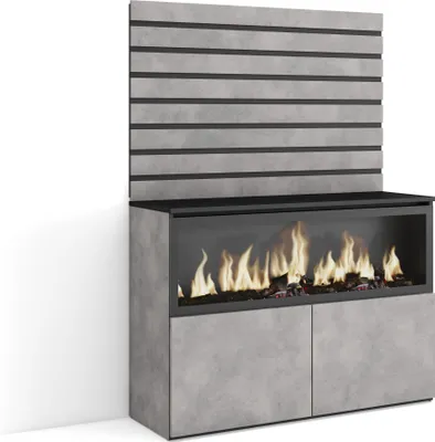 A modern electric fireplace sideboard with a slatted back panel, set against a white wall.